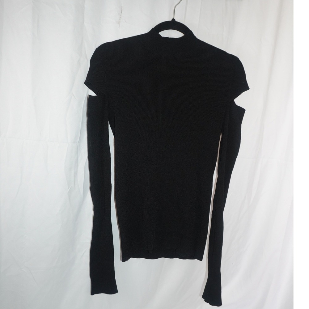 Helmut Lang Black Ribbed Mock Neck Cold Shoulder Cut Out Long Sleeve Knit Top L